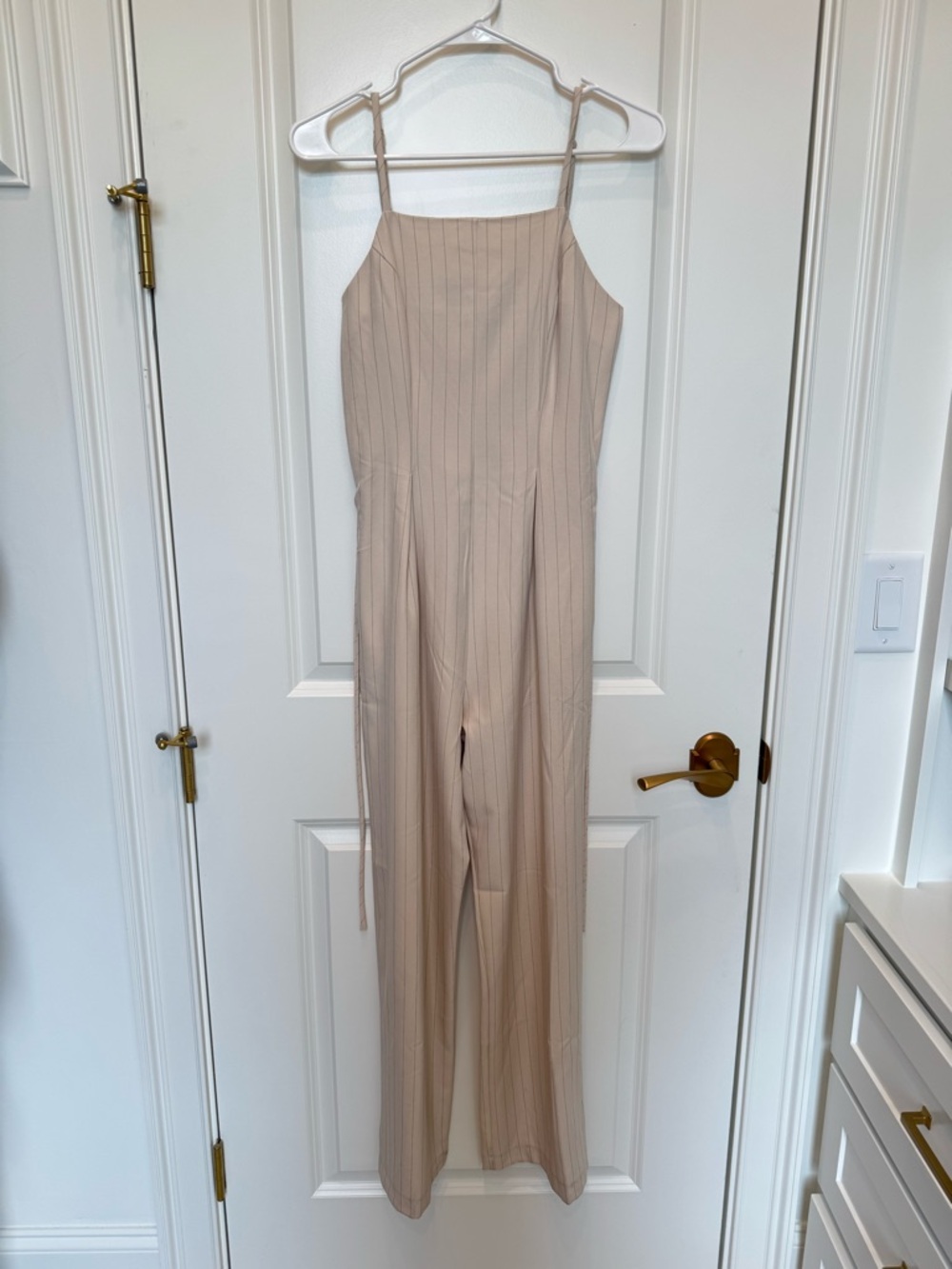 Chic Beige Pinstripe Wide-Leg Jumpsuit